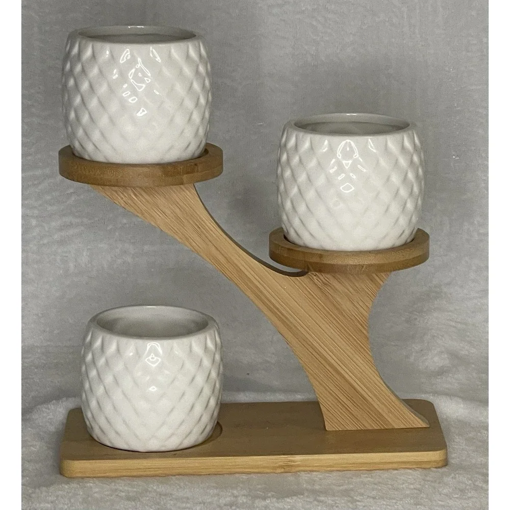 3pcs White Owl Succulent Pots with 3 Tier Bamboo Saucers Stand Holder Cacti Herb